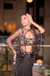 Black Satin Draped Saree Skirt Set with Embroidered Sheer Cape